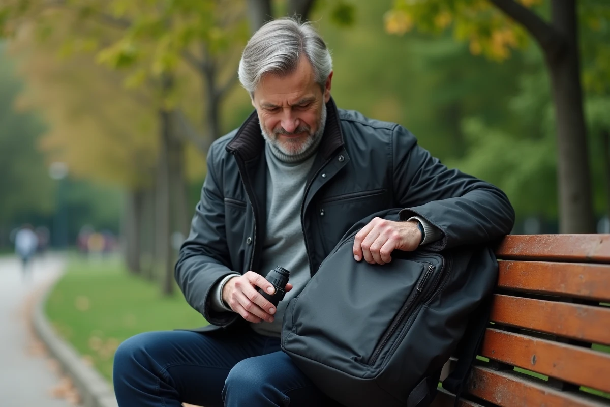 Homme vérifiant son spray de protection dans le parc
