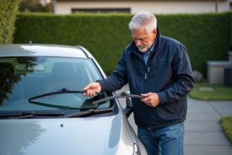 Homme inspectant des essuie-glaces sur sa voiture