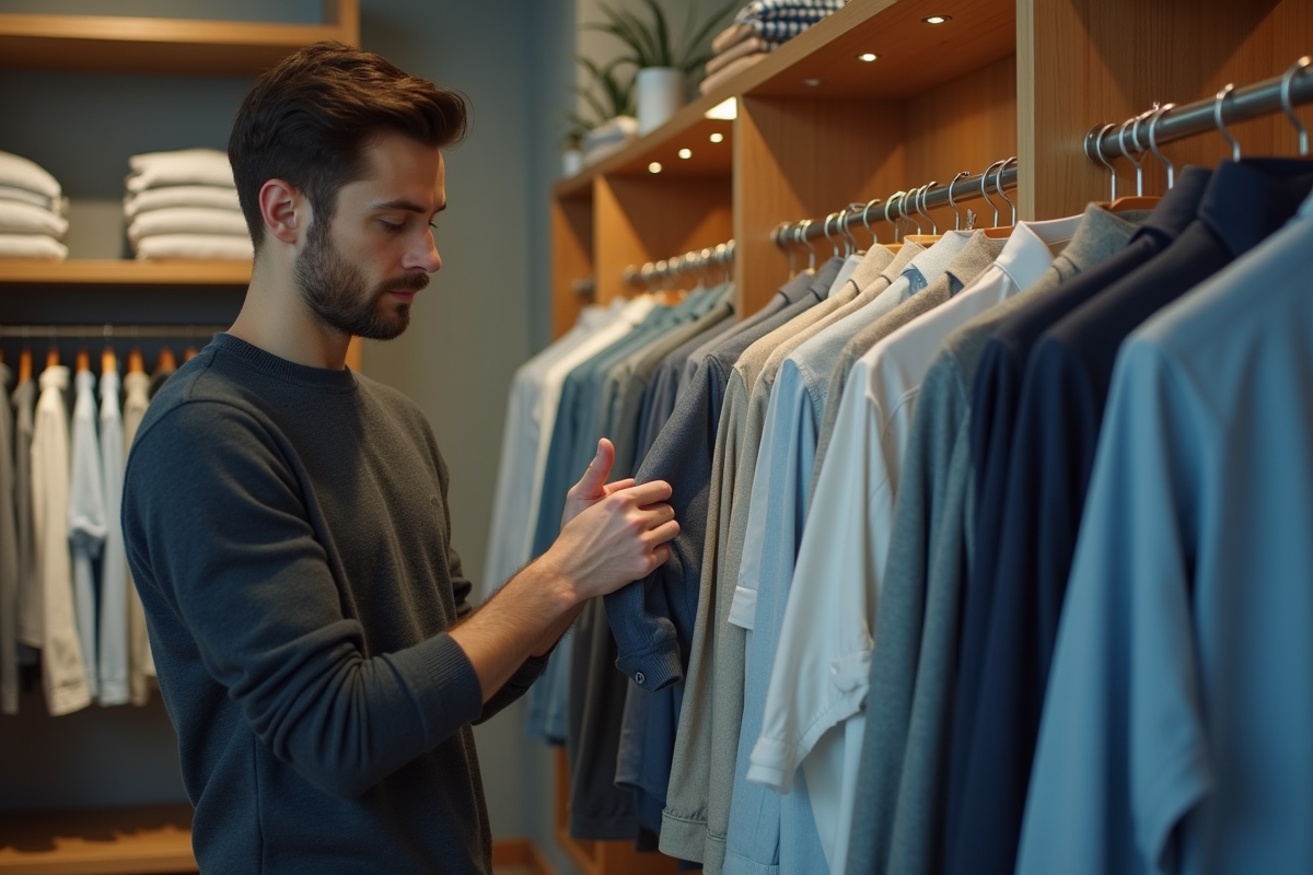 Homme en magasin de vêtements regardant des chemises