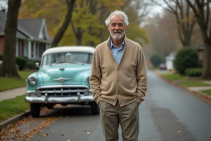 Homme âgé souriant à côté de sa voiture vintage dans la rue