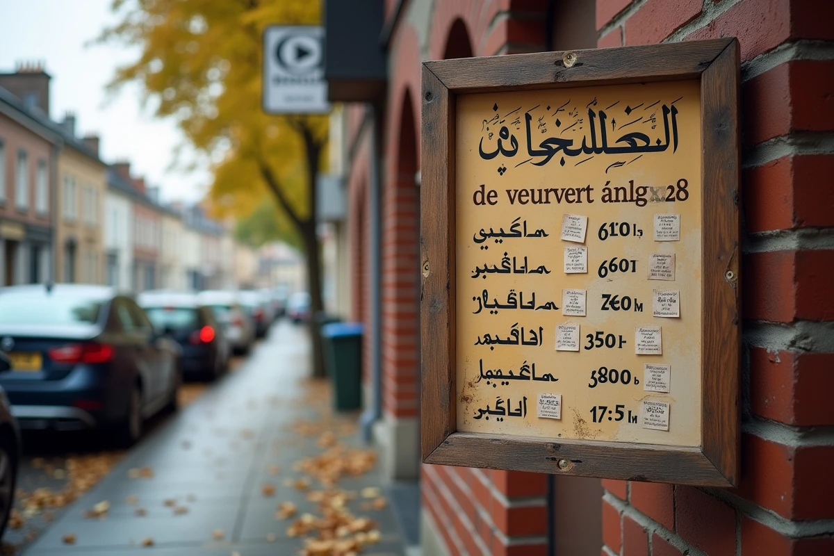 Tableau des horaires de prière affiché sur la façade d'une mosquée à Argenteuil