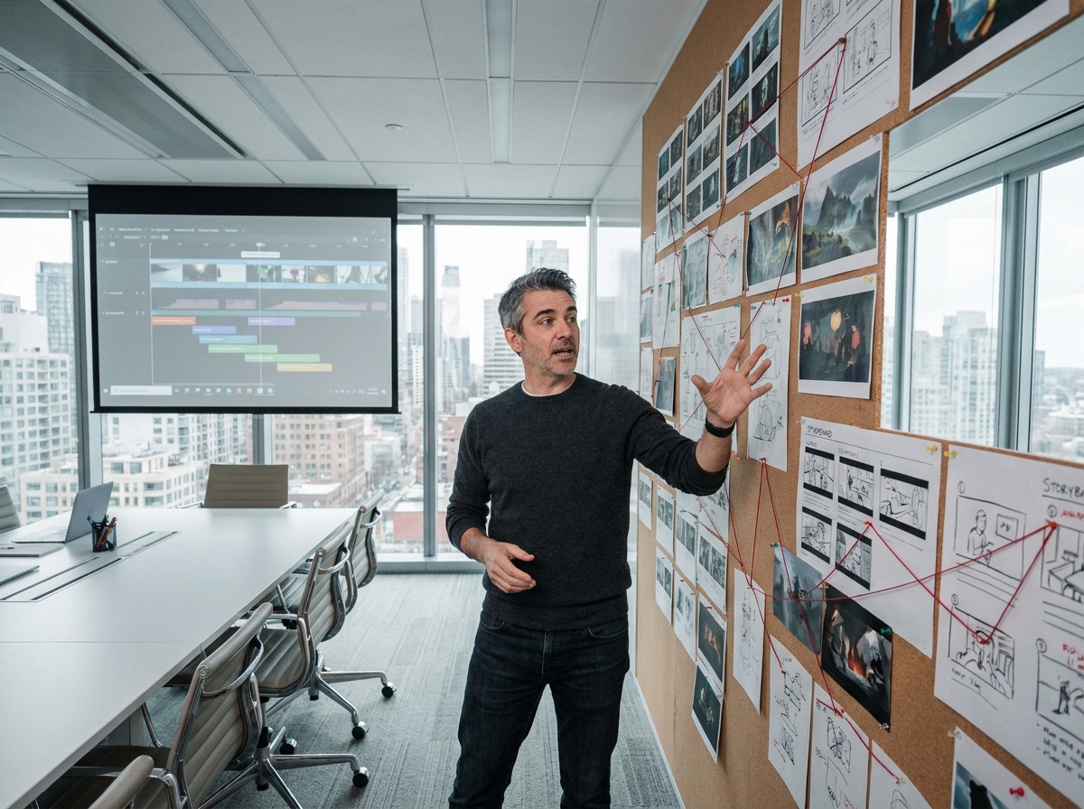 Illustrateur présentant un mur de storyboard et des panneaux de concept art dans une salle de réunion créative moderne