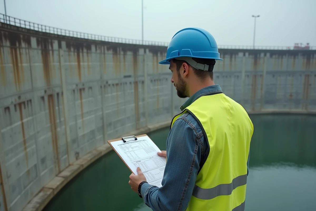 Ingénieur civil consultant un tableau de conversion de volumes en m³ devant un réservoir industriel en béton