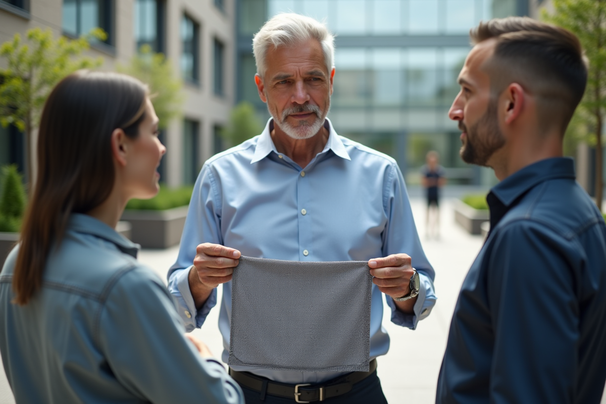 Ingénieur textile montrant un tissu connecté à ses collègues