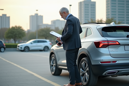 Homme d affaires inspectant une voiture en ville