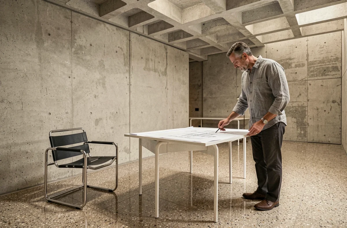 Architecte étudiant des plans dans un intérieur minimaliste inspiré du style Bauhaus de Marcel Breuer avec chaise Wassily et mur en béton brut