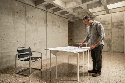 Architecte étudiant des plans dans un intérieur minimaliste inspiré du style Bauhaus de Marcel Breuer avec chaise Wassily et mur en béton brut