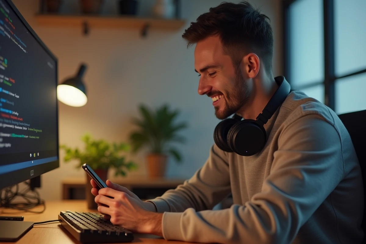 Jeune homme invitant un ami à rejoindre une partie multijoueur sur application mobile depuis son bureau