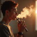 Jeune adulte exhalant une vapeur dans une pièce lumineuse