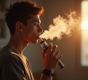 Jeune adulte exhalant une vapeur dans une pièce lumineuse