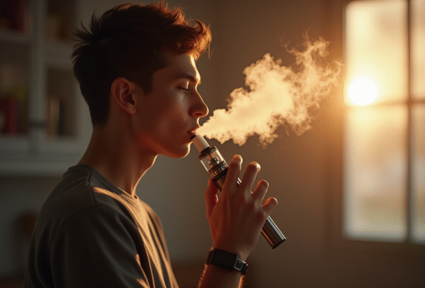 Jeune adulte exhalant une vapeur dans une pièce lumineuse