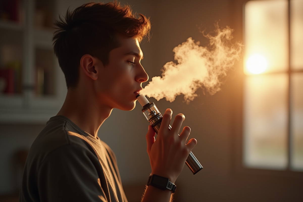 Jeune adulte exhalant une vapeur dans une pièce lumineuse