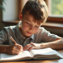 Jeune étudiant étudiant la grammaire française au soleil