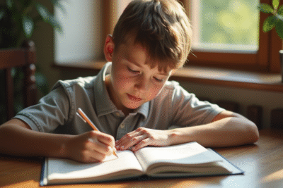 Jeune étudiant étudiant la grammaire française au soleil