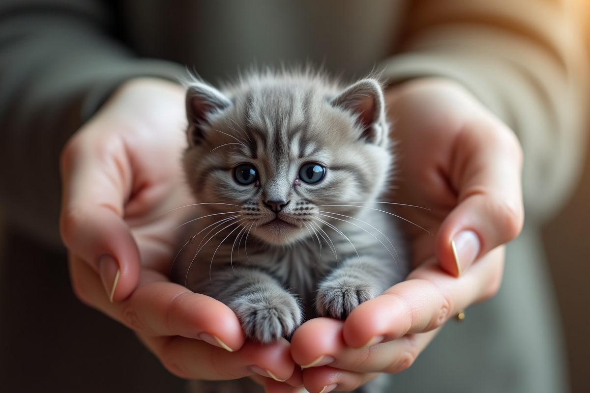 Jeune chat angora gris tenu dans des mains humaines