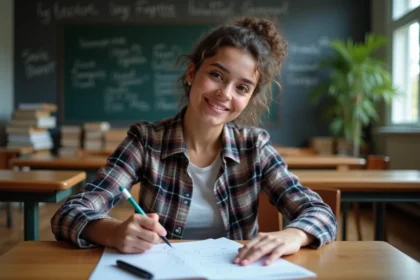 Jeune étudiante concentrée lors d'un examen de français
