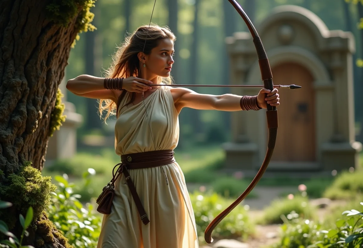 Jeune femme grecque tirant à l'arc dans la forêt ancienne