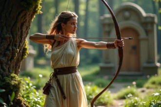 Jeune femme grecque tirant à l'arc dans la forêt ancienne