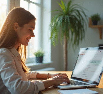 Jeune femme souriante vérifiant ses emails sur un ordinateur