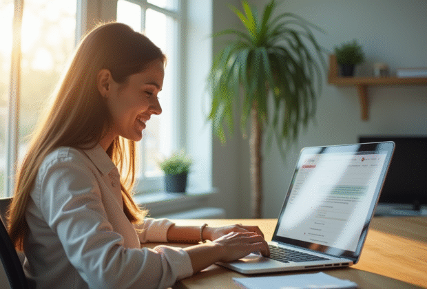 Jeune femme souriante vérifiant ses emails sur un ordinateur