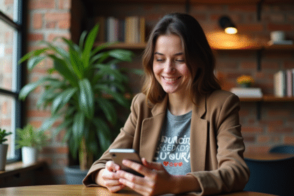 Jeune femme confiante au café avec smartphone et blazer