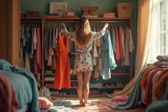 Jeune femme indécise devant un dressing débordant avec tenues colorées