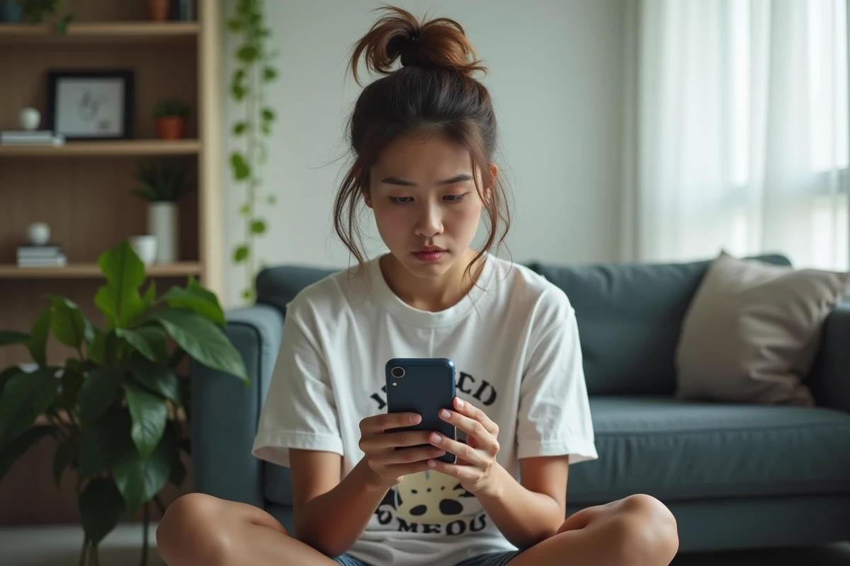 Jeune femme perplexe essayant d'entrer un code de jeu Anime Last Land invalide sur smartphone