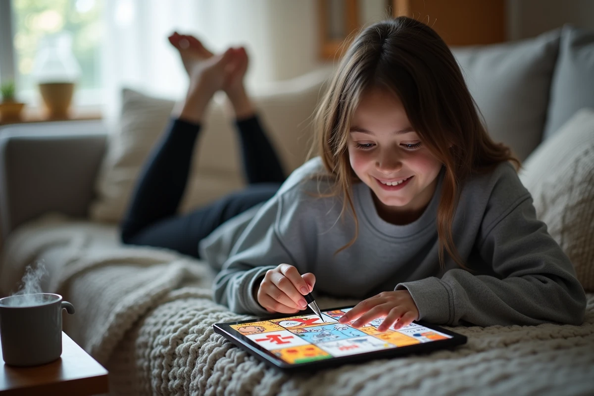 Jeune femme lisant des scans manga en couleurs sur tablette allongée sur un canapé