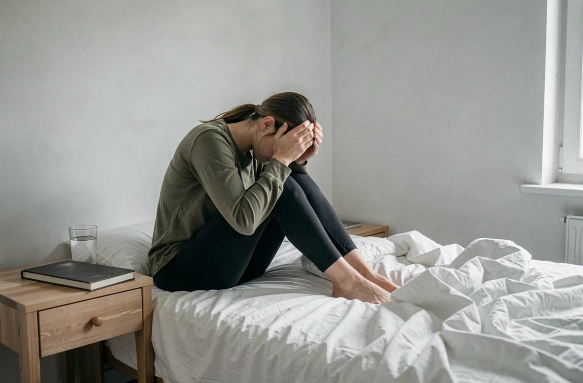 Jeune femme assise au bord d'un lit défait, visage enfoui dans les mains en signe d'épuisement émotionnel, image poignante illustrant la tristesse et l'impossibilité de pardonner