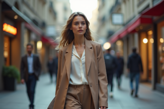 Jeune femme en blazer tendance marche dans la ville