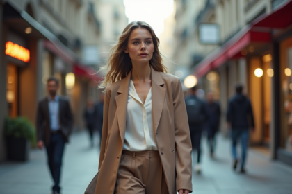Jeune femme en blazer tendance marche dans la ville