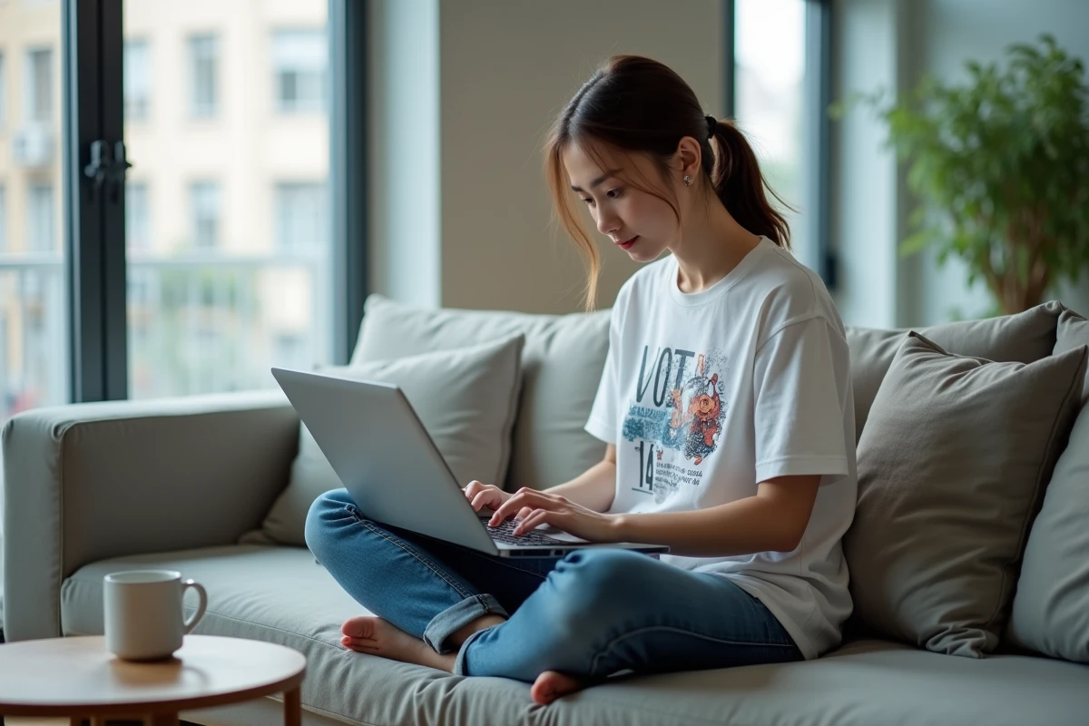 Jeune femme consultant des scans manga One Piece sur un ordinateur portable confortablement installée dans son salon