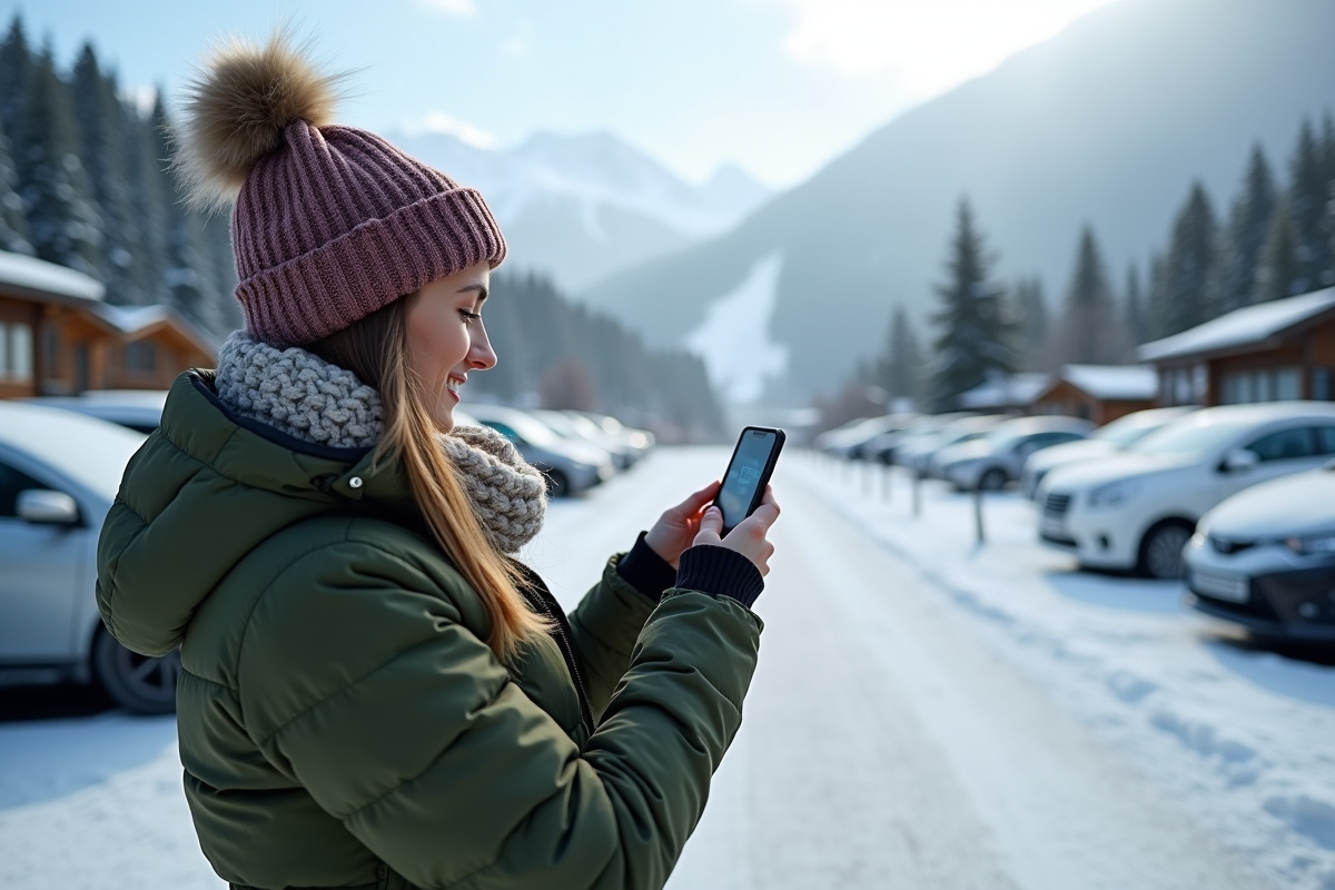 Jeune femme regardant webcam Bessat dans un parking enneige