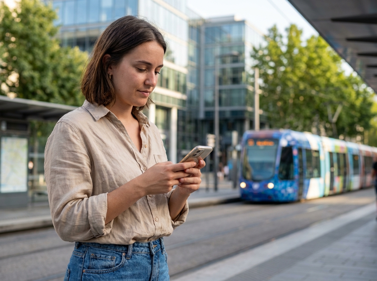Jeune femme sur une plateforme de tram à Montpellier