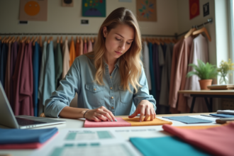 Jeune femme dans un studio de design textile examinant un échantillon