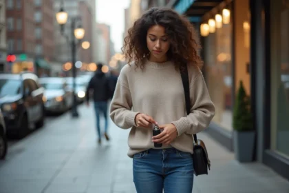 Jeune femme avec spray au quotidien dans la ville