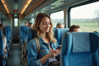 Jeune femme détendue dans un train moderne regardant son téléphone