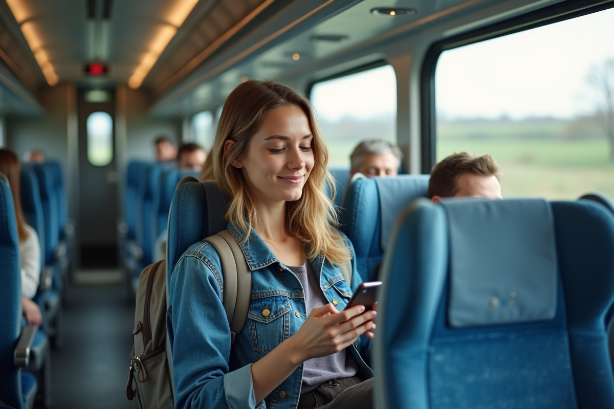 Jeune femme détendue dans un train moderne regardant son téléphone