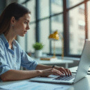 Jeune femme concentrée travaillant sur son ordinateur dans un bureau lumineux
