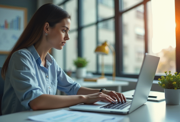 Jeune femme concentrée travaillant sur son ordinateur dans un bureau lumineux