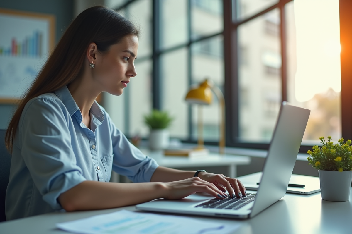 Jeune femme concentrée travaillant sur son ordinateur dans un bureau lumineux