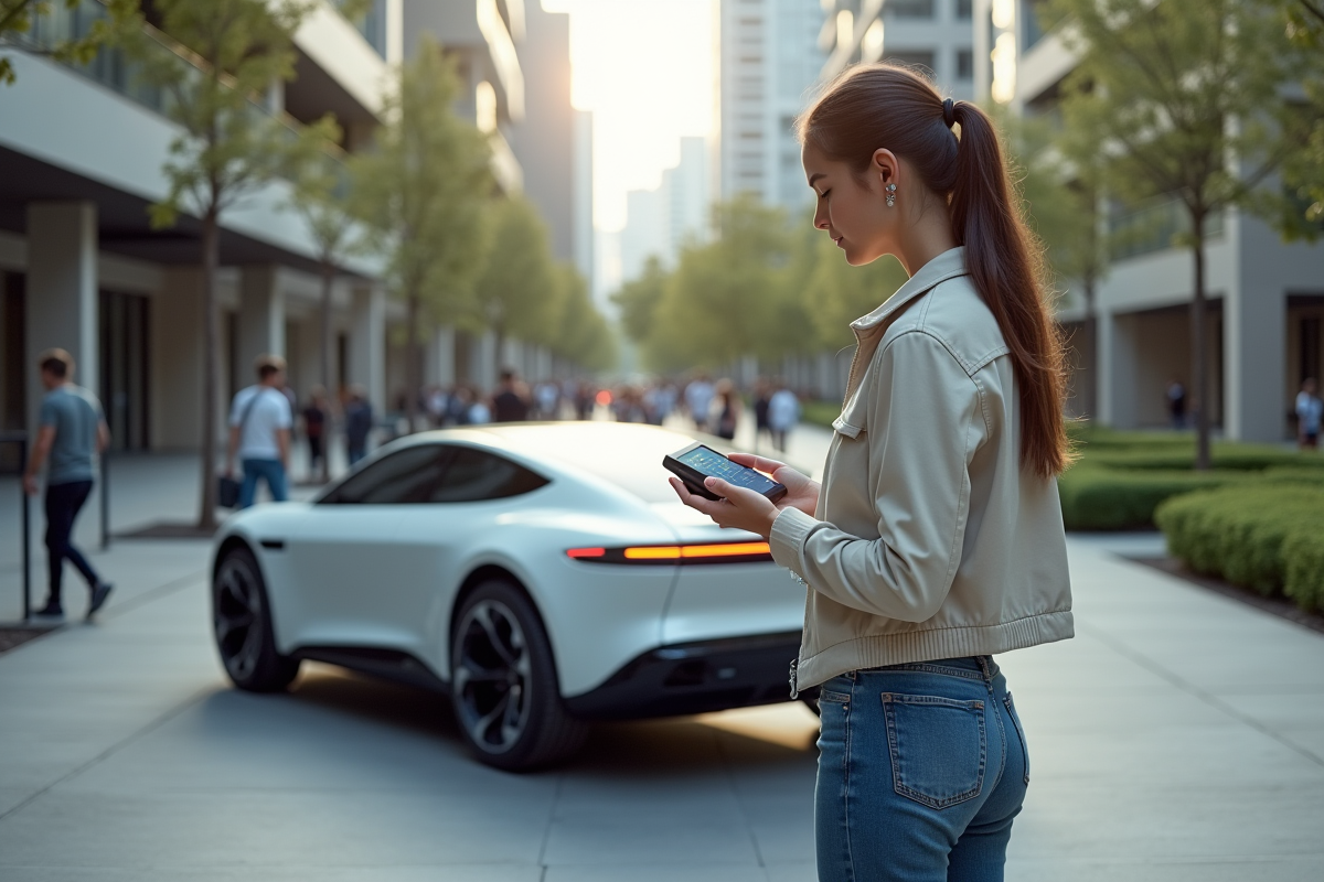 Jeune femme inspectant un véhicule électrique dans un espace urbain moderne