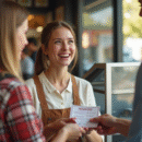 Jeune femme donnant des vouchers au fast food