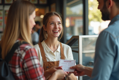 Jeune femme donnant des vouchers au fast food