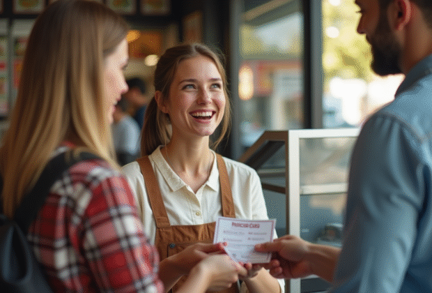 Jeune femme donnant des vouchers au fast food