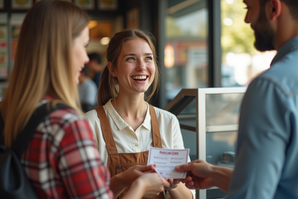 Jeune femme donnant des vouchers au fast food