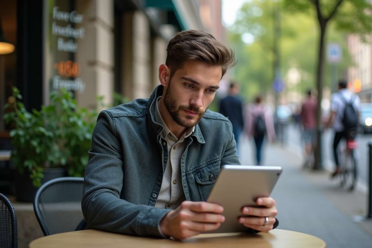 Jeune homme utilisant une tablette pour comparer investissements éthiques
