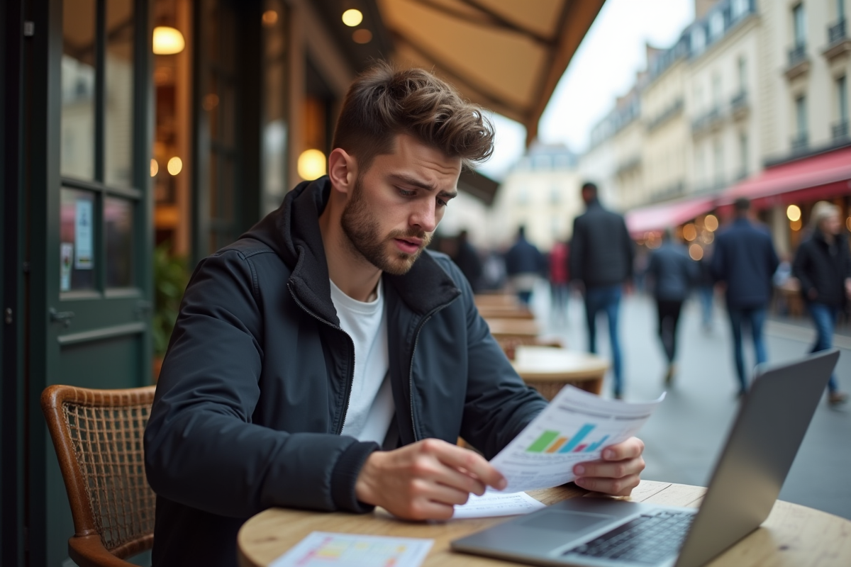 Jeune homme regardant un reçu et ordinateur en terrasse parisienne