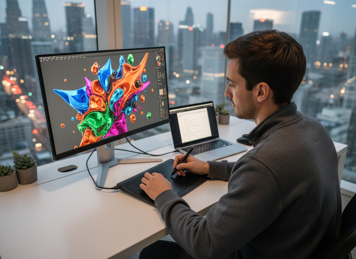 Jeune homme utilisant une tablette graphique pour design 3D