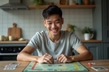 Jeune homme concentré jouant au Monopoly dans la cuisine